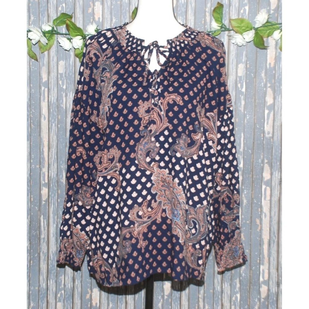 Nine West Ladies Blouse Top Size L Paisley's Long Sleeve Double Tie Up V-Neck